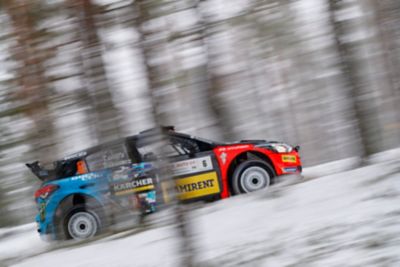 La Hyundai i20 R5 monte dans la forêt. 