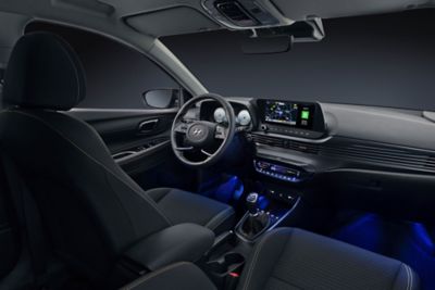 The all-new Hyundai i20 interior with active LED ambient lighting, back seat perspective