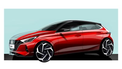 Štúdia nového modelu Hyundai i20 červenej farby na zelenom pozadí, pohľad zo strany vodiča.