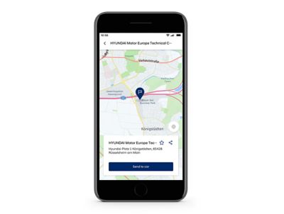 zrzut ekranu aplikacji bluelink Hyundai na iPhone: wysyłanie celu podróży do samochodu