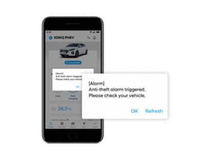 Aplikacja Hyundai Bluelink z powiadomieniem o próbie włamania do samochodu.
