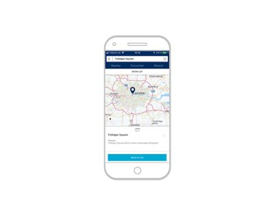 Capture d’écran de l’appli Bluelink sur iPhone : envoyer la destination vers la voiture