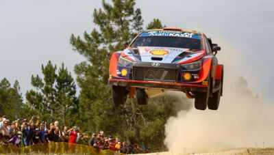 Hyundai Motorsport driver Dani Sordo's i20 N WRC Rally1 doing serious airtime.