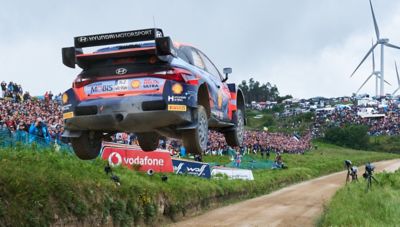 Hyundai Motorsport driver Dani Sordo's i20 N WRC Rally1 doing serious airtime.