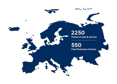 Map of Europe with 2250 Hyundai points of sales and services.