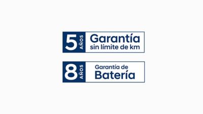 Logotipo de la garantía de kilometraje ilimitado de 5 años y la garantía de la batería de 8 años.