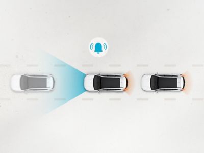 Voorstelling van de 'Leading Vehicle Departure Alert (LVDA)' - functie van Hyundai SmartSense. 