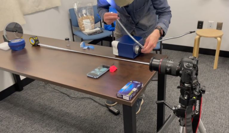 Rafael Attias and students test their own Schlieren Optics device, in an attempt to visualize heat sources.