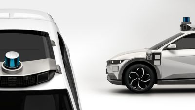 Close up view of the Hyundai Motional IONIQ 5 robotaxi exterior sensors for autonomous driving.