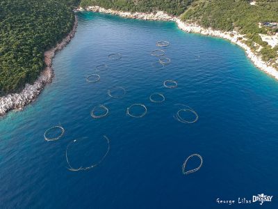 An aerial view of abandoned fish farm in Ithaca, Greece.