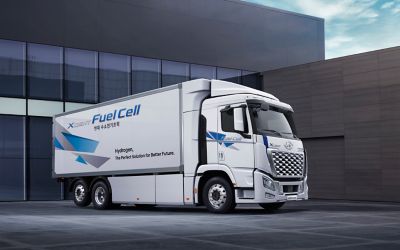An Xcient fuel cell truck driving.