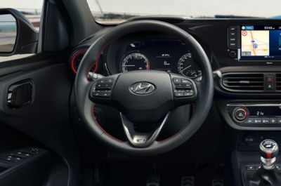 Close-up of the All-New Hyundai i10 N Line steering wheel