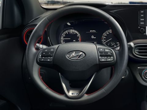 Close-up of the All-New Hyundai i10 N Line steering wheel