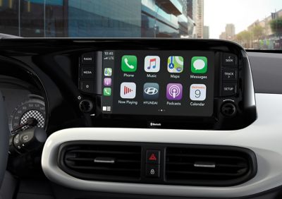 The 8" centre touch screen and dashboard of the Hyundai i10.