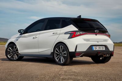 The rear lights on the Hyundai i20 N Line. The rear includes a distinct triangle-shaped fog lamp.