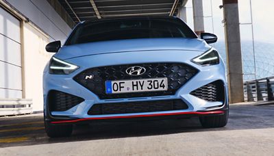 the aggressive bumper and air intake of the Hyundai i30 N performance hatchback