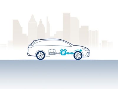 Illustration of the Hyundai i30 showing how the 48V mild hybrid system is charging while driving.