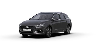 Vista frontal y lateral del nuevo Hyundai i30 en color Dark Knight Grey.