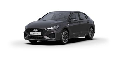Front side view of the new Hyundai i30 Fastback in the colour Dark Knight.