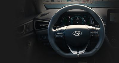 Heared steering wheel of the Hyundai IONIQ Hybrid.