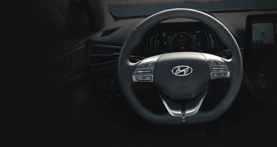 Close up image of the heated steering wheel in the Hyundai IONIQ Electric.