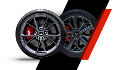 The N-exclusive 18” or 19” wheels embossed wit the the Hyundai N logo. 