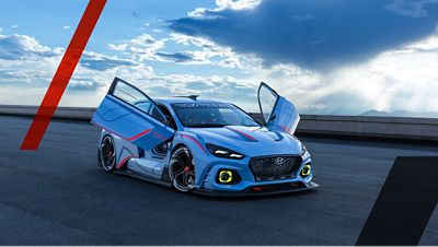 A Hyundai N RN 30 Concept Car on the racetrack.