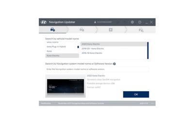 Der Fahrzeugauswahl-Screen der Hyundai Navigations-Updater-Software.
