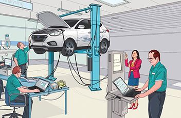 Ilustrador ingenieros trabajando en Hyundai ix35 Fuel Cell