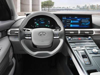 Photo of the all-new Hyundai Nexo's economic steering wheel with paddle shifters.