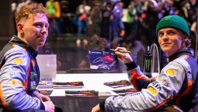 Hyundai Motorsport driver Oliver Solberg and his co-driver Elliott Edmondson after a WRC race.