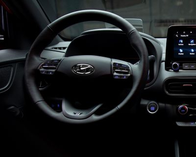 The steering wheel of the all-new Hyundai Kona N Line combining comfort and elegance.