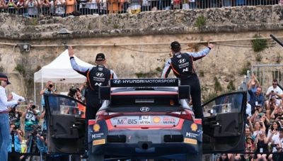 Hyundai Motorsport driver Ott Tänak and and co-driver Martin Järveoja celebrating.