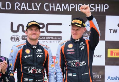 Hyundai Motorsport driver Ott Tänak and co-driver Martin Järveoja celebrating.