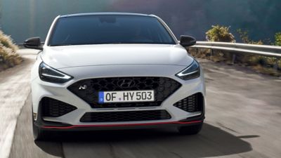 The exclusive black Hyundai badges on the front of the i30 Fastback N Drive-N Limited Edition.