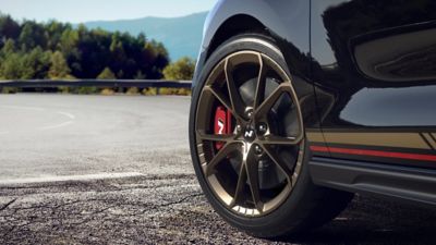 Hyundai’s Matte Bronze 19" forged alloy wheels on the i30 Fastback N Drive-N Limited Edition.