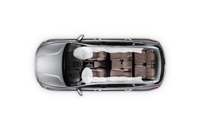 The location of the six airbags in the new Hyundai Santa Fe Hybrid 7 seat SUV.