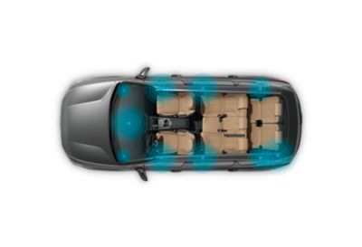 Pohled na prémiový audiosystém KRELL v novém SUV Hyundai Santa Fe Hybrid. 