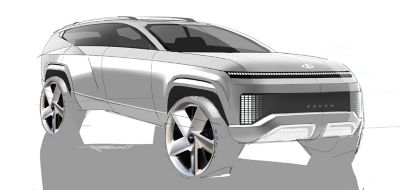 Náčrt nového konceptu elektrického SUEV značky Hyundai SEVEN zepředu.