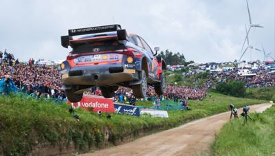 Motor sport driver Thierry Neuville's Hyundai i20 WRC showing us some serious air time. 