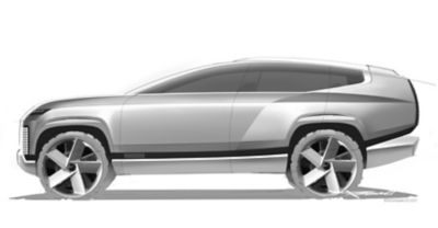 Skica nového konceptu elektrického SUEV značky Hyundai SEVEN z boku.