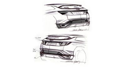 Designskisse av helt nye Hyundai Tucson SUV sett bakfra. Illustrasjon.