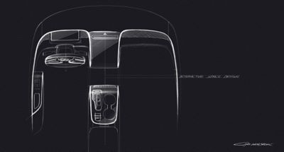 Designskisse av interiøret i helt nye Hyundai Tucson SUV. Illustrasjon.