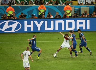 Hyundai banner advertising on the side of a football pitch with the German national team playing.