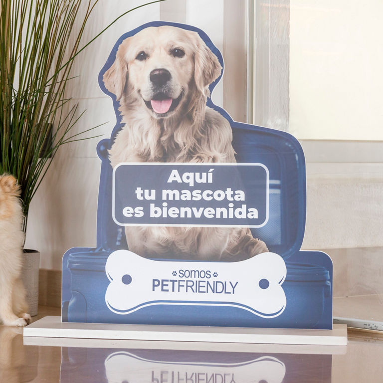 perro pequeño junto a cartel