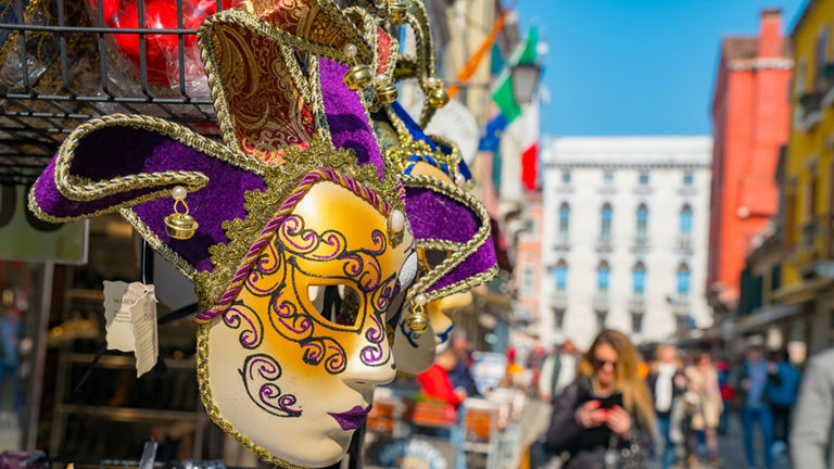 Closeup shot of a beautiful carnival mask in a Venice street