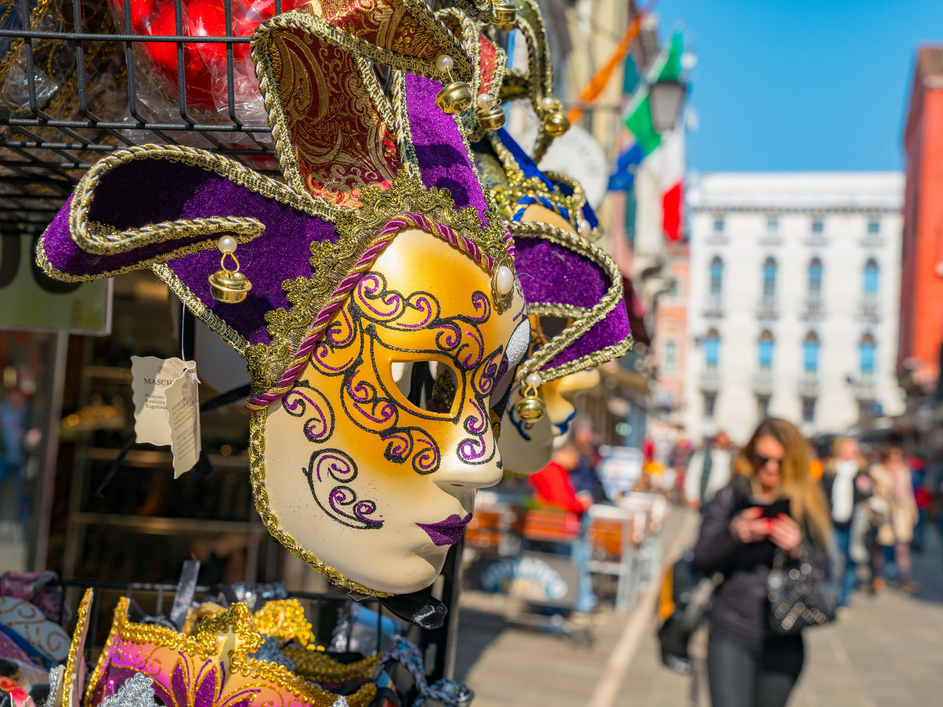 Closeup shot of a beautiful carnival mask in a Venice street
