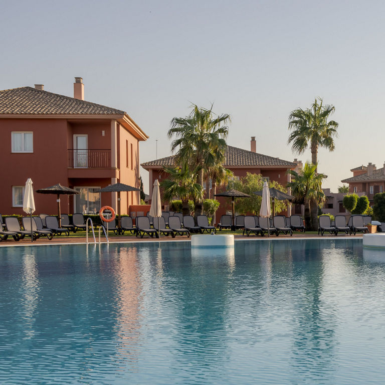 gran piscina rodeada de palmeras