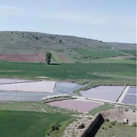 Vista aérea de estanques entre campos verdes.