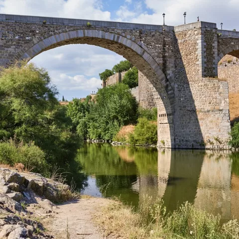 Puente histórico de piedra sobre un río tranquilo